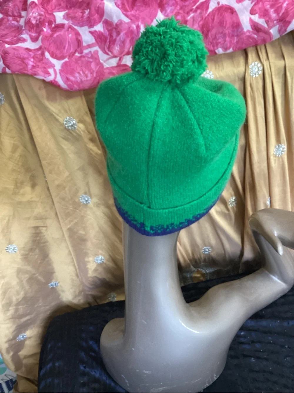 Green Pom Knit Beanie with Blue Accent APRES